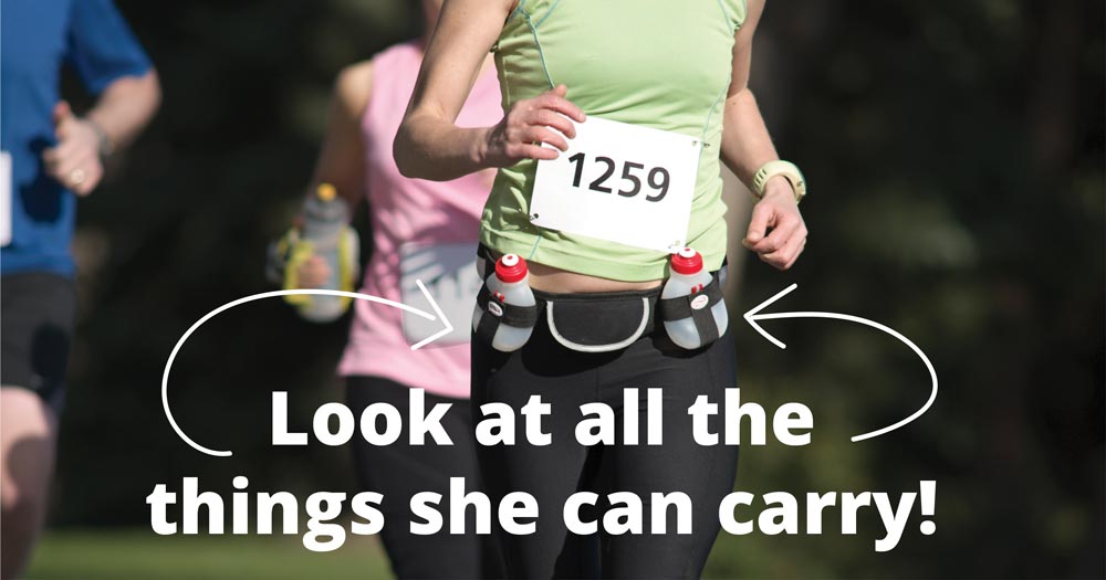 The torso of a woman jogging with a running belt. Text says: Look at all the things she can carry!