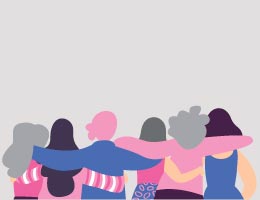 Six women with their arms around each other, seen from behind (illustration).