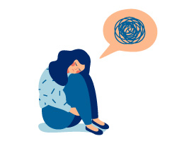  Graphic of women curled up with thinking bubble filled with static.