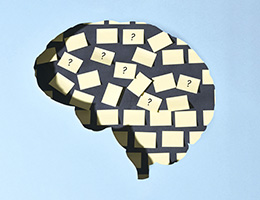 A bunch of sticky notes, some with question marks written on them, inside a paper cutout shaped like a brain. 