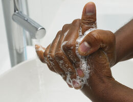  Soap-covered hands scrub each other under a running sink tap.