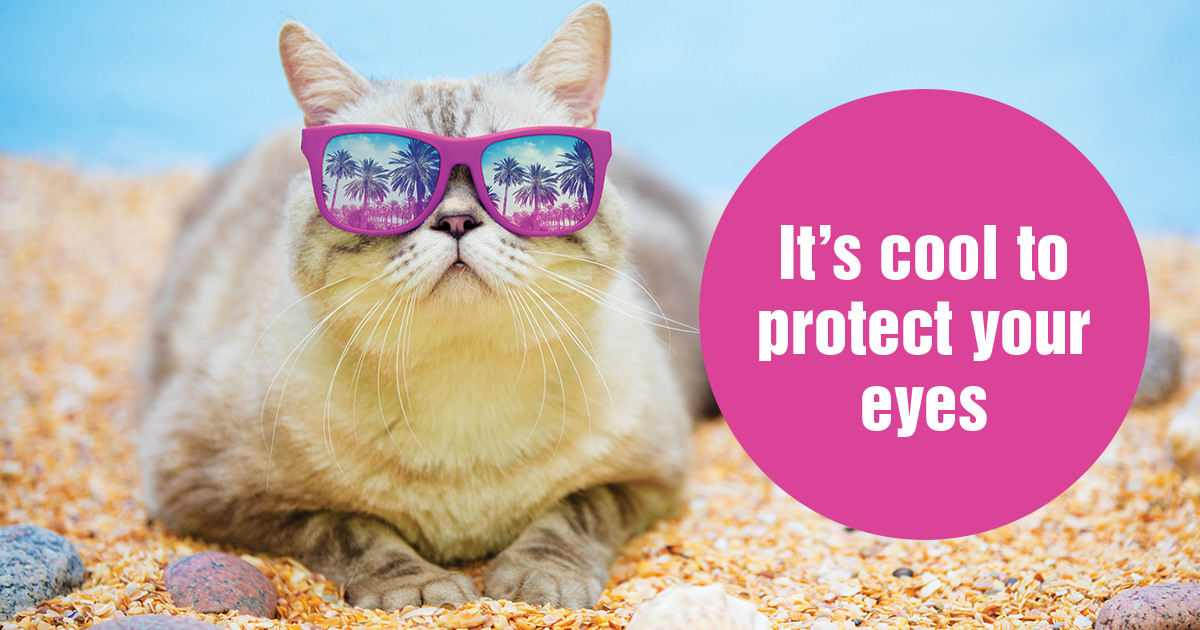 A cat wearing sunglasses. Text reads: It's cool to protect your eyes.